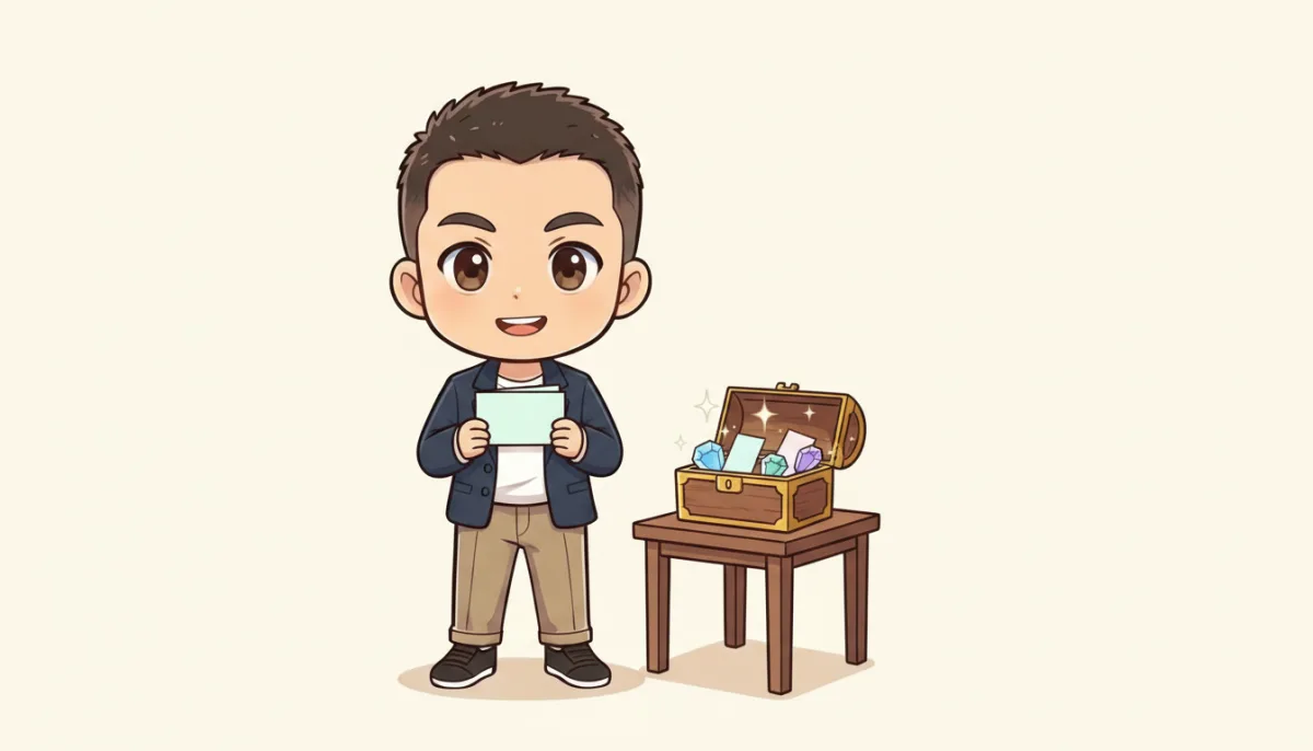 笑顔の川登が、水色のカードを両手で持って立っている。となりの小さなテーブルに置かれた宝箱の中では、青や紫の宝石がカードに変わりかけていて、きらきら光っている