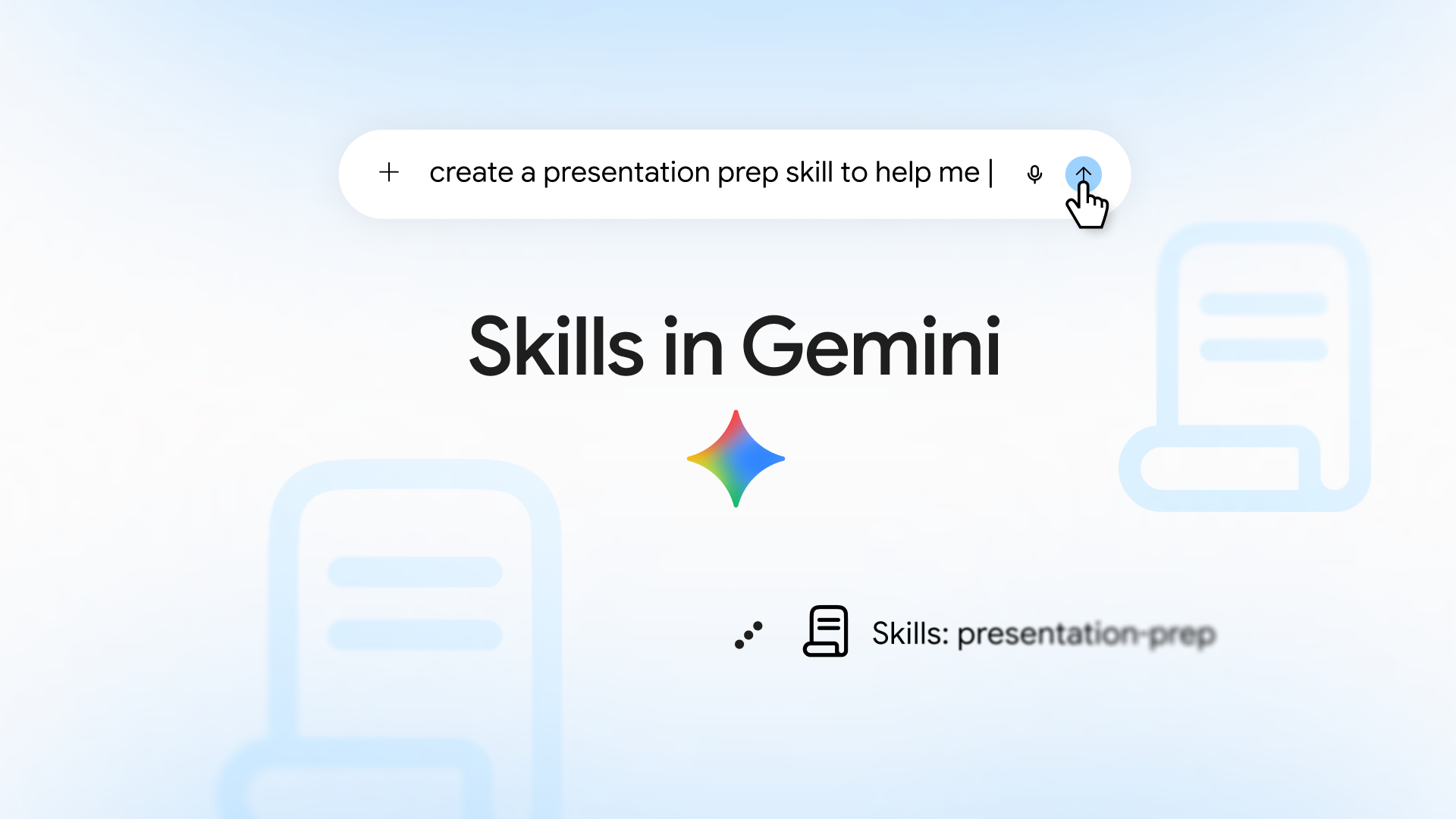 Geminiの入力欄に「create a presentation prep skill to help me」と打ち込まれ、その下に「Skills in Gemini」の文字とGeminiのマーク、右下に「Skills: presentation-prep」と表示されている画像
