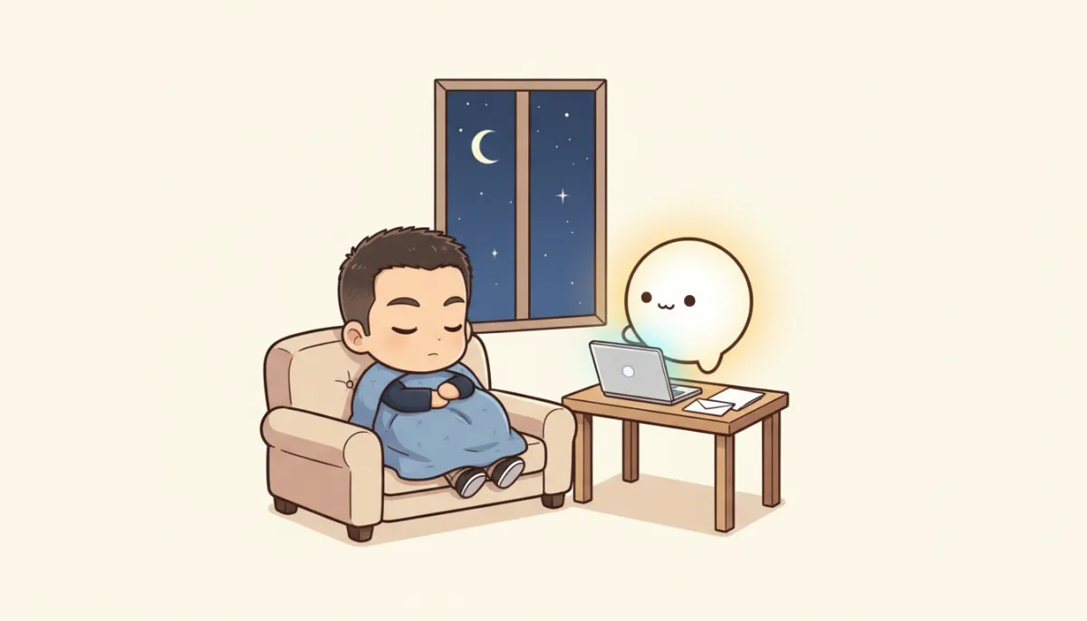夜、川登がひざ掛けをかけて、ソファでうたた寝している。となりの机では、光る丸い助手がノートパソコンに向かって仕事をしていて、窓の外には三日月と星が見える