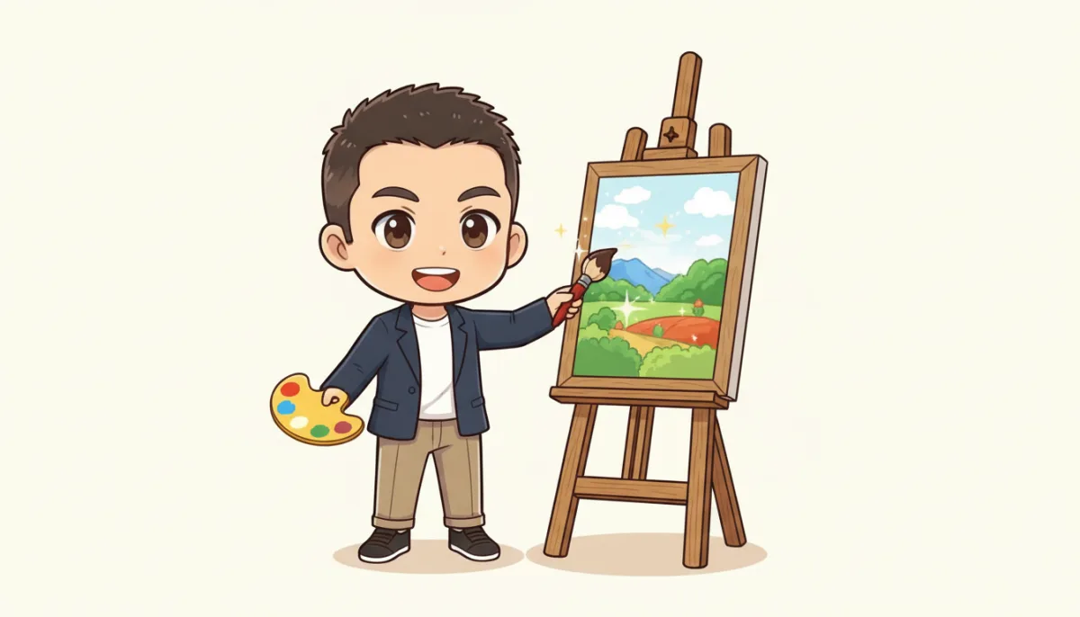 川登が笑顔で、片手にパレット、もう片手に筆を持って立っている。となりのイーゼルには、青空と山と畑の風景画が描かれていて、まわりがきらきら光っている