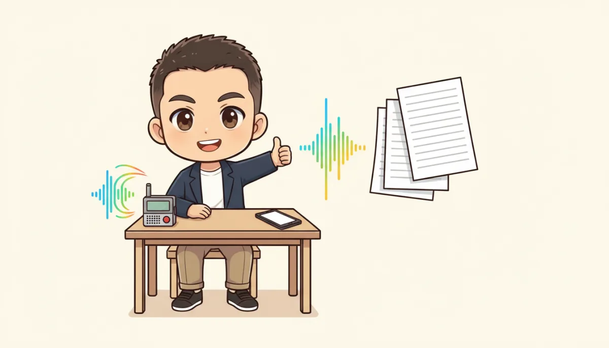 川登が机に座り、親指を立てて笑っている。机の上の小さな録音機から色とりどりの音の波が出て、横に浮かぶ、罫線の入った紙の束に変わっている