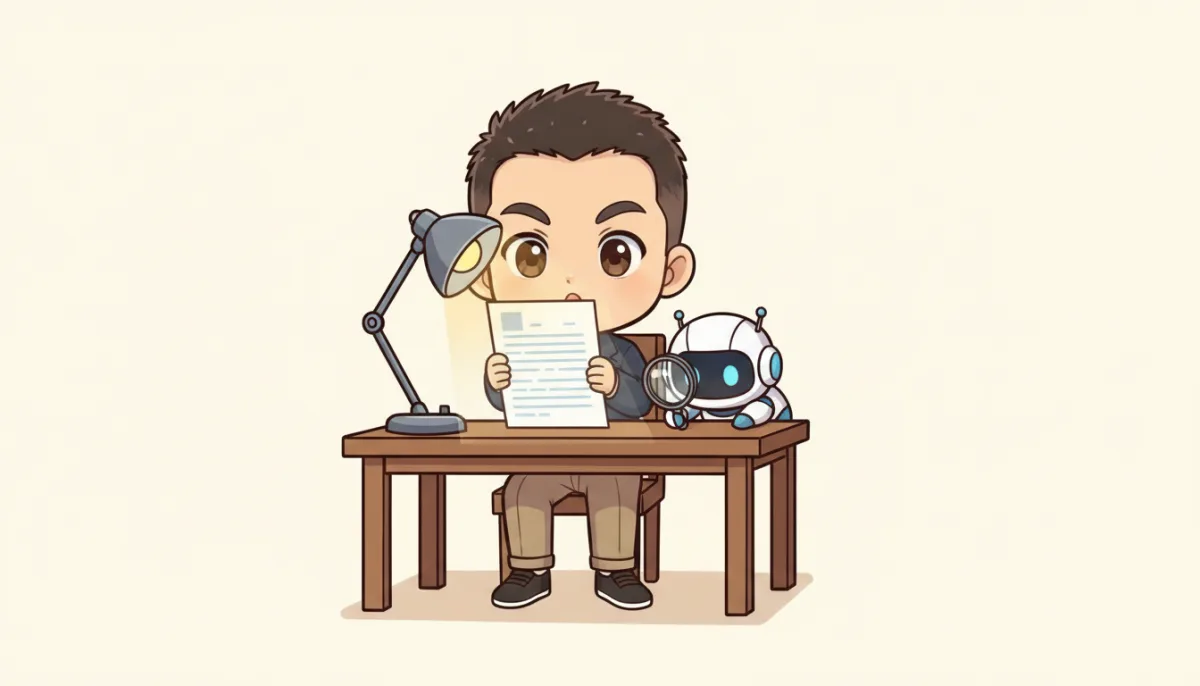 川登が机で履歴書の紙を卓上ライトにかざして見ている。横から、虫めがねを持った小さなロボットがのぞき込んでいる
