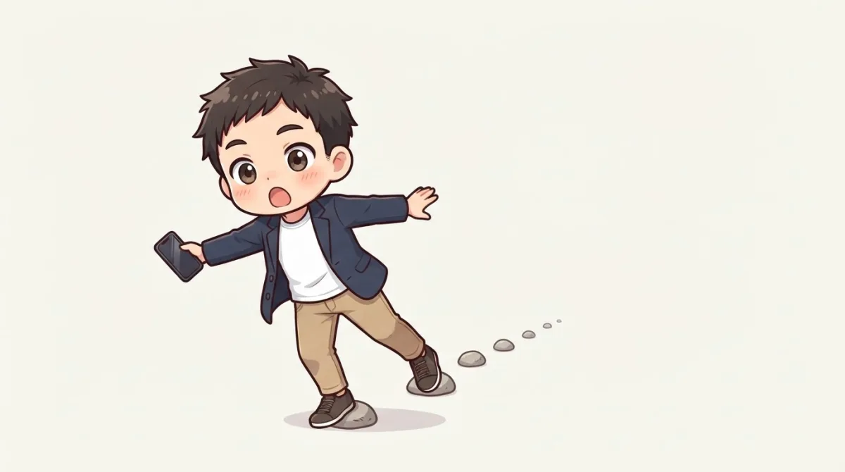 スマートフォンを持った川登が、地面の小石につまづいて前のめりになっている。後ろには同じような小石がいくつも点々と続いている