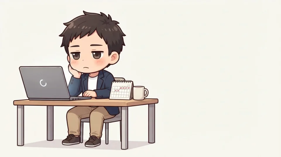 机に頬杖をついて、読み込み中のぐるぐるが回ったままのノートパソコンをぼんやり眺めている川登。横のカレンダーは4日ぶん×が付いている