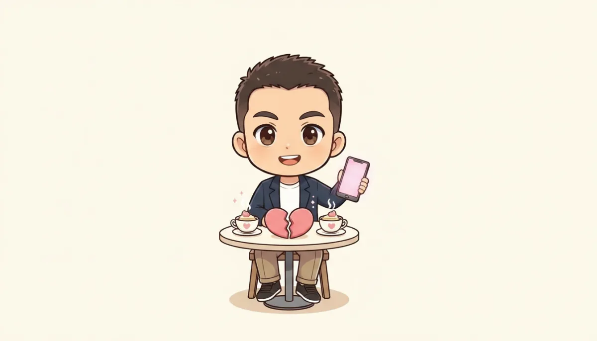 カフェの丸いテーブルに座った川登が、笑顔でピンク色の画面のスマートフォンを掲げている。テーブルには2つのコーヒーカップと、真ん中で2つに割れたピンクのハートが置かれている