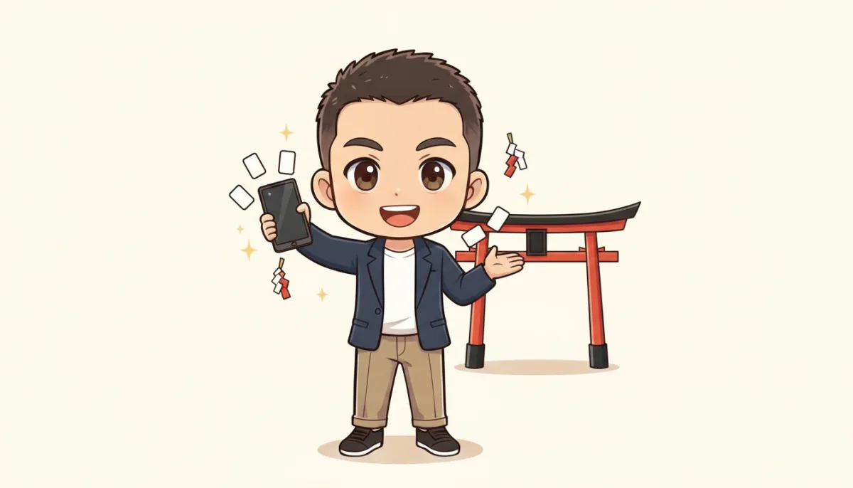 赤い鳥居の前で、川登が笑顔でスマートフォンを掲げている。スマートフォンのまわりには白い小さなカードと、紅白の紙垂がひらひらと浮かび、きらきら光っている
