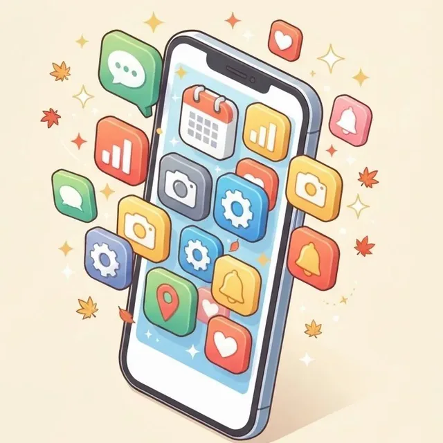 スマートフォンからアプリのアイコンが飛び出しているイラスト