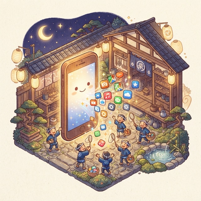 スマホからアプリのアイコンが飛び出すのを職人たちが受け止めるイラスト