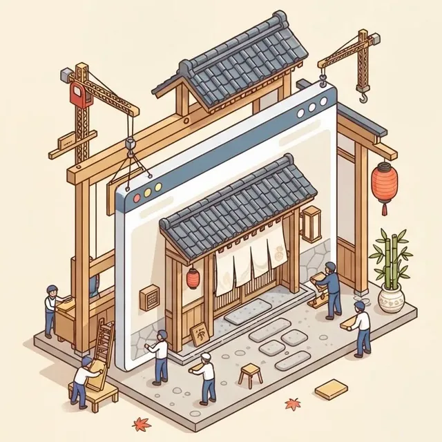 WEBサイトの画面の中に京町家の店構えを職人たちが組み立てているイラスト
