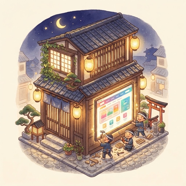 京町家にブラウザ窓をはめ込む職人たちのイラスト