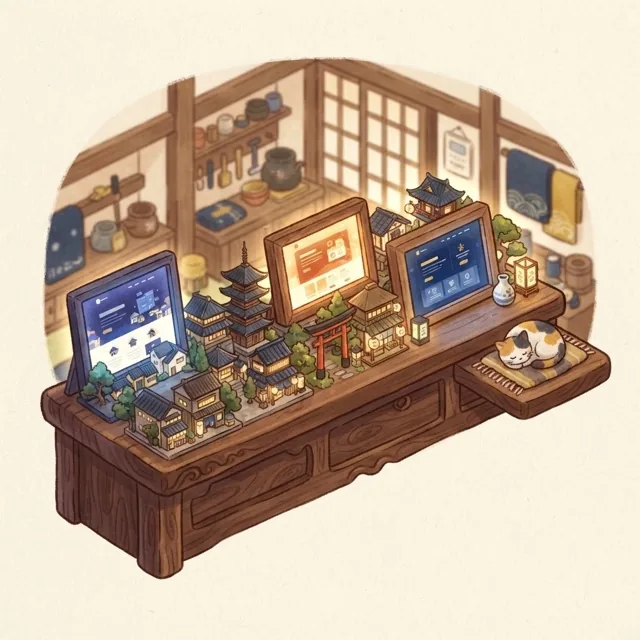 工房の机に小さな作品たちが並ぶイラスト